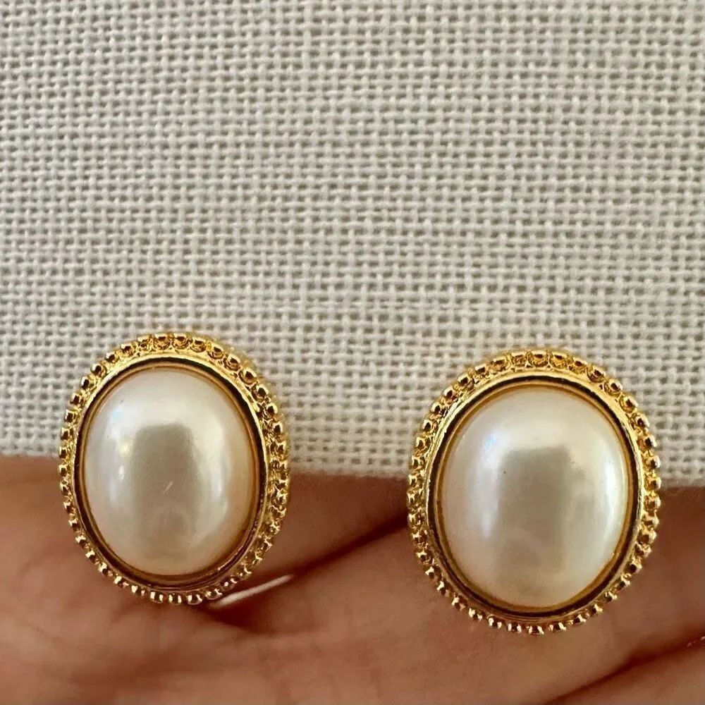 Faux pearl gold tone oval clip on earrings